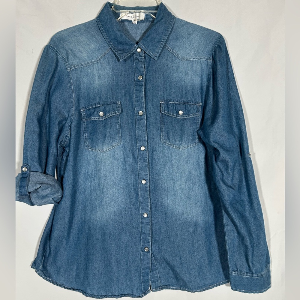 EDEN OLIVIA CHAMBRAY DENIM BLUE PEARL SNAP WESTERN COWGIRL SHIRT WOMENS MEDIUM